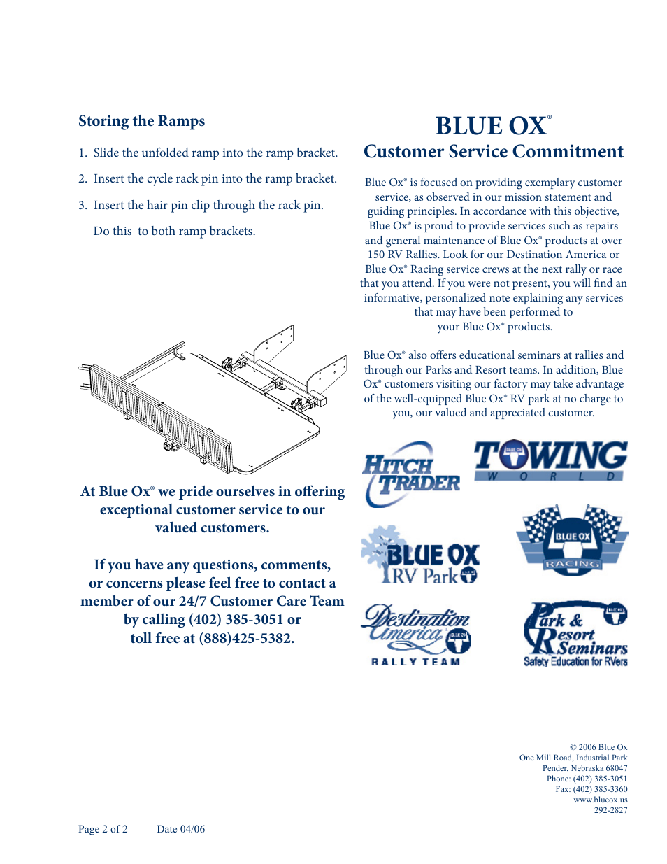 Blue ox, Customer service commitment, Storing the ramps | Blue Ox SC9009 User Manual | Page 2 / 2