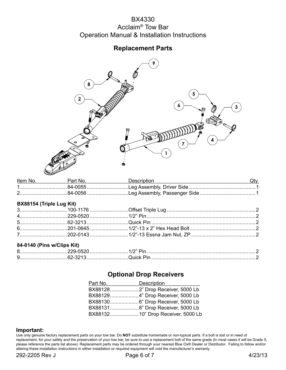 Bx4330 acclaim, Replacement parts, Optional drop receivers | Blue Ox BX4330 User Manual | Page 6 / 7