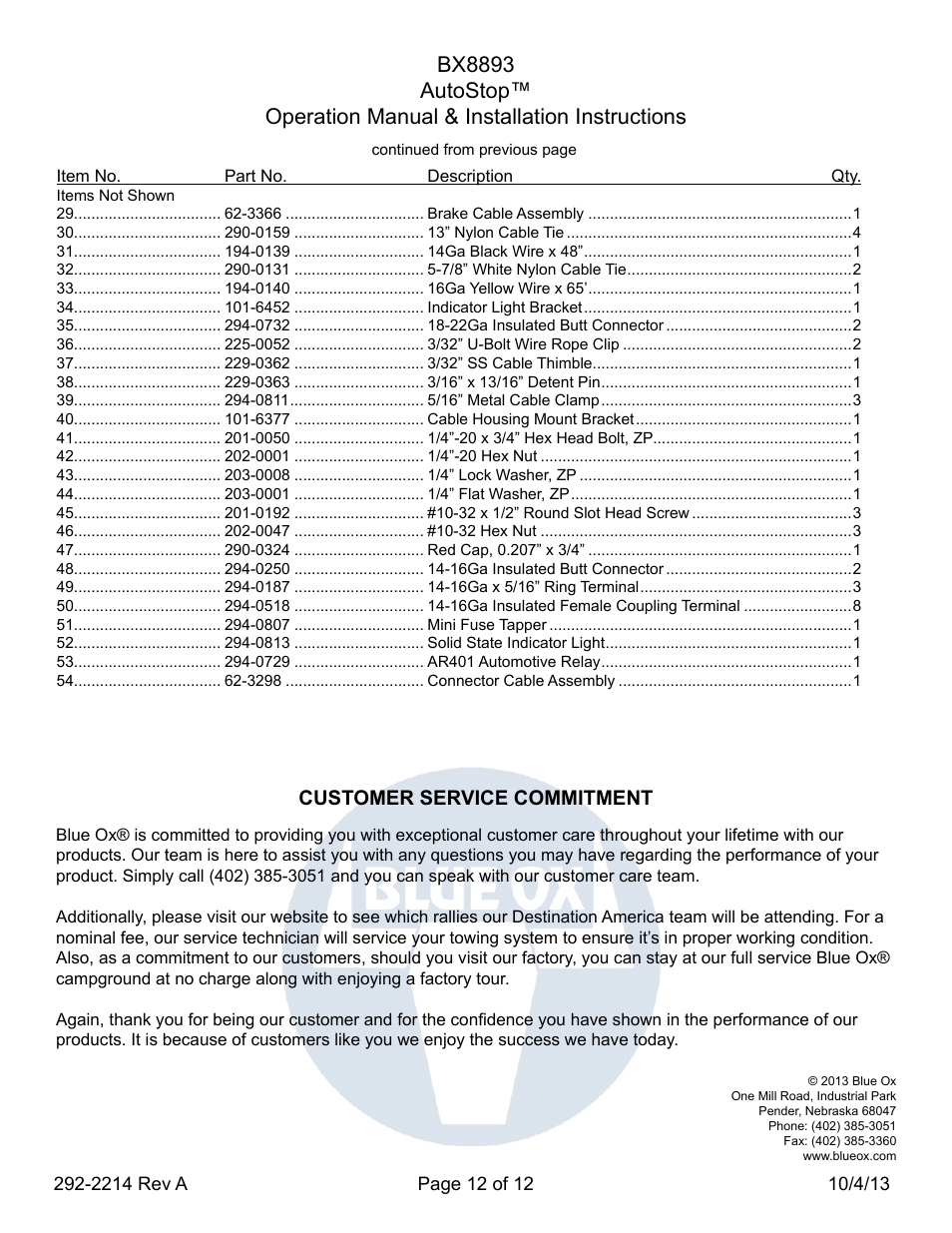 Customer service commitment | Blue Ox BX8893 User Manual | Page 12 / 12