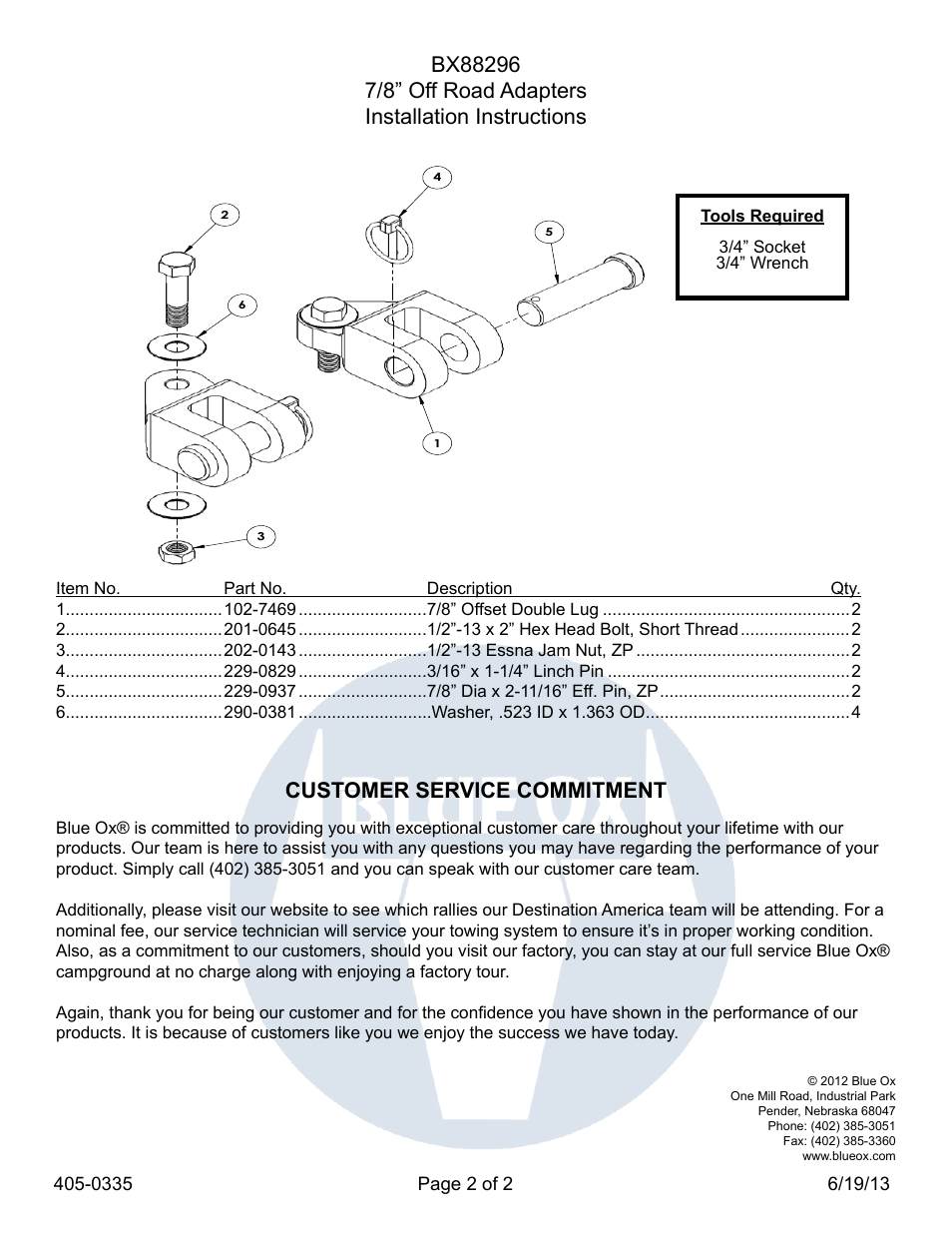 Customer service commitment | Blue Ox BX88296 User Manual | Page 2 / 2