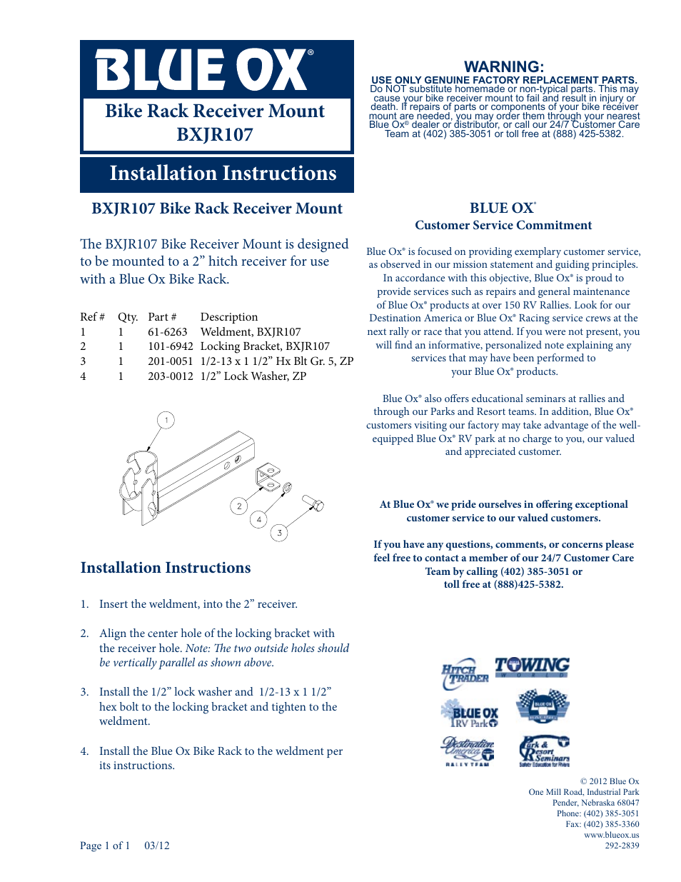 Blue Ox BXJR108 User Manual | 1 page