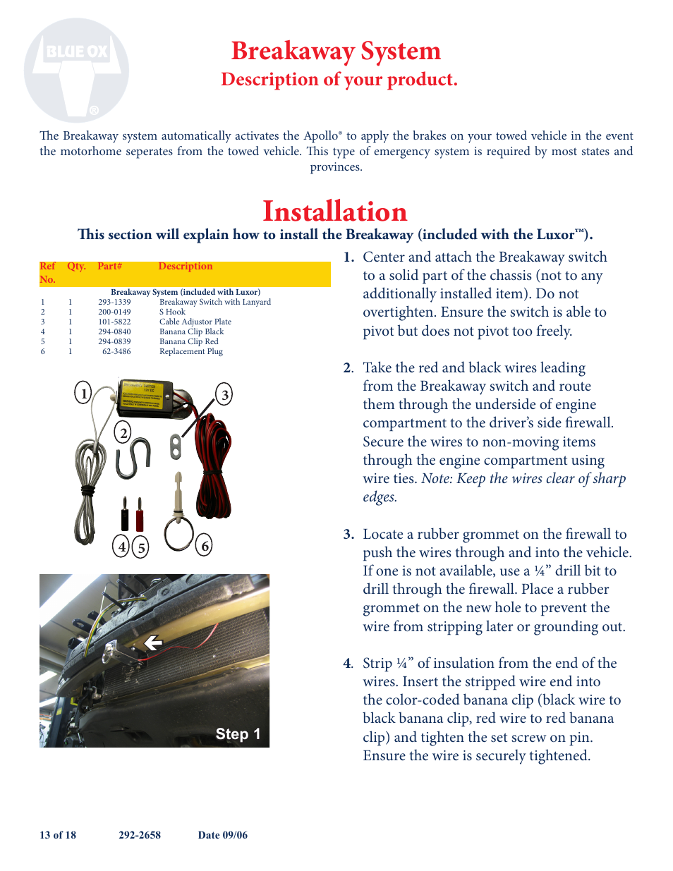 Installation, Breakaway system, Description of your product | Blue Ox BX88193 User Manual | Page 16 / 22