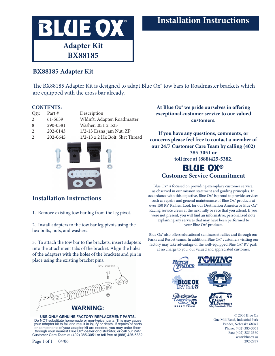 Blue Ox BX88185 User Manual | 2 pages