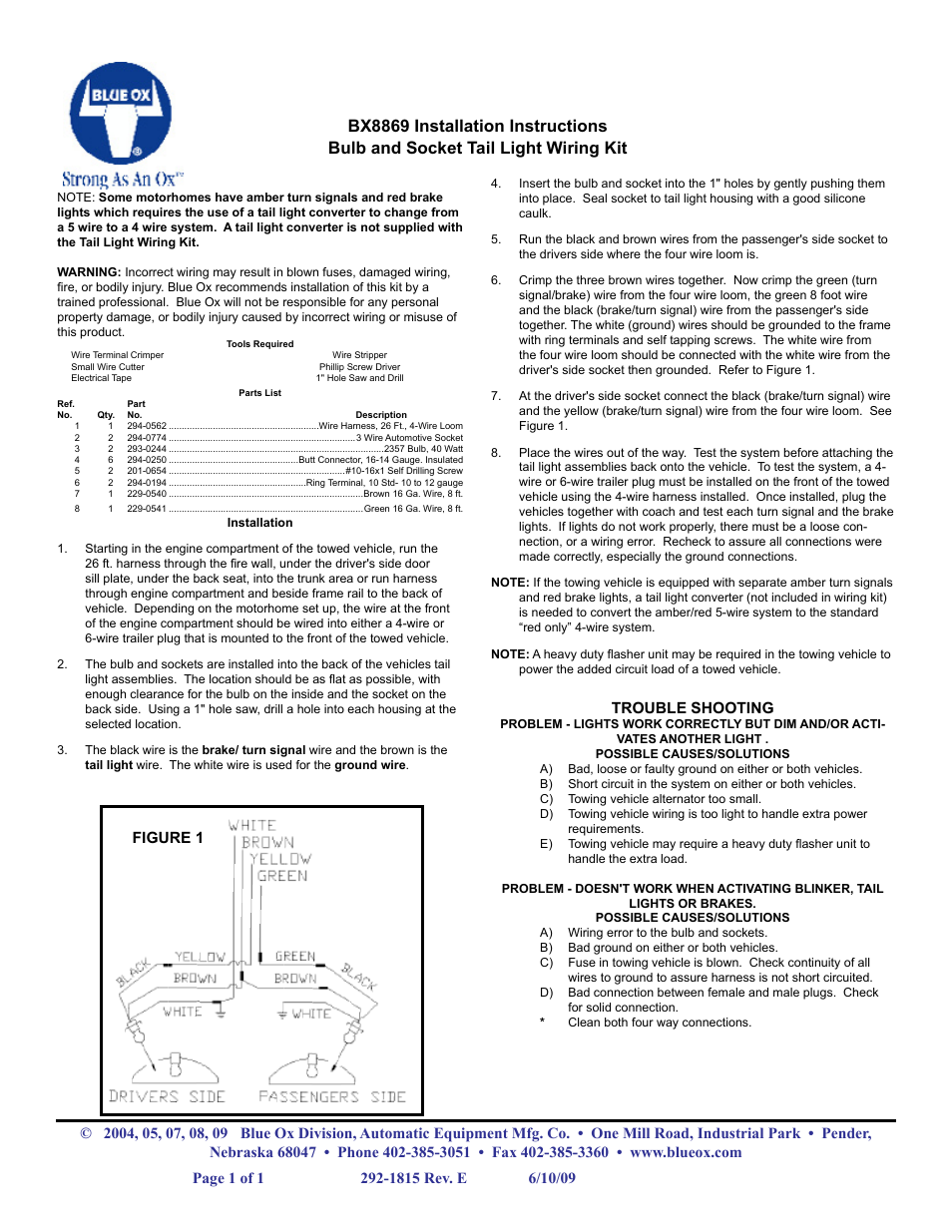 Blue Ox BX8869 User Manual | 1 page