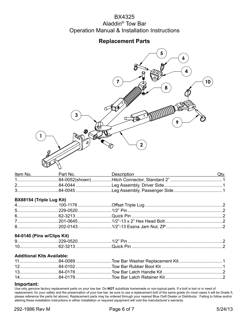 Bx4325 aladdin, Replacement parts | Blue Ox BX4325 User Manual | Page 6 / 7