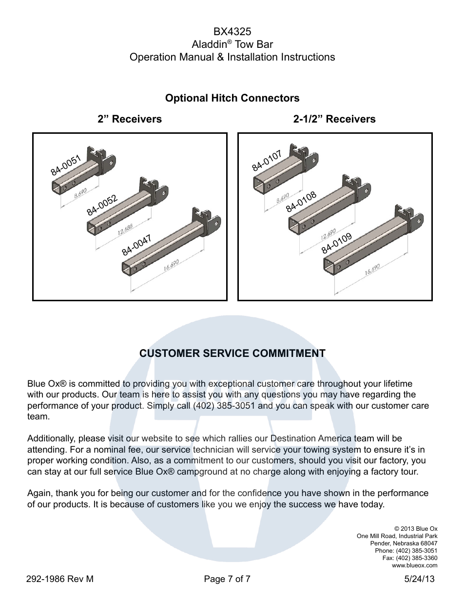Bx4325 aladdin, 2” receivers 2-1/2” receivers, Customer service commitment | Optional hitch connectors | Blue Ox BX4325 User Manual | Page 7 / 7