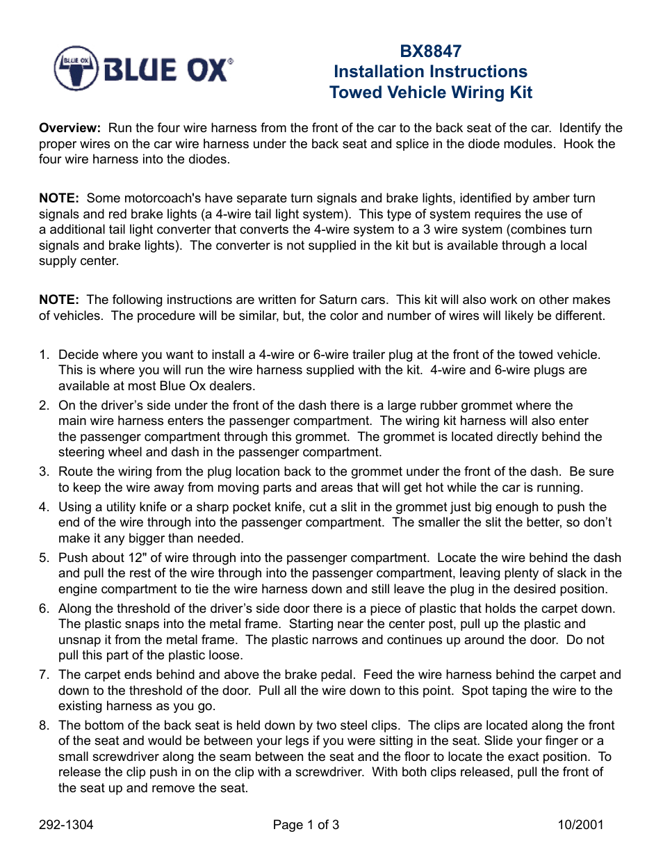 Blue Ox BX8847 User Manual | 3 pages