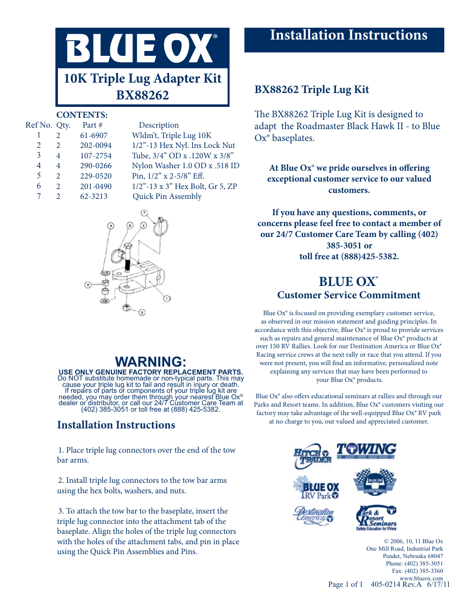 Blue Ox BX88262 User Manual | 1 page