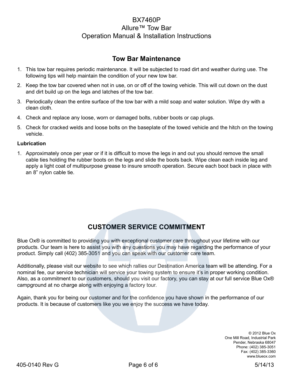 Customer service commitment, Tow bar maintenance | Blue Ox BX7460P User Manual | Page 6 / 6