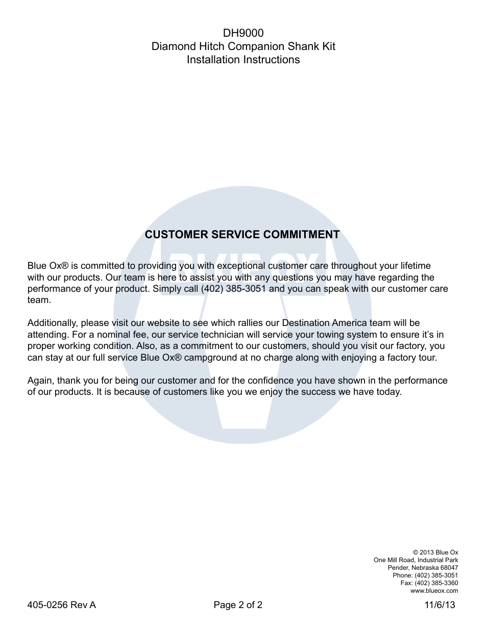 Customer service commitment | Blue Ox DH9000 User Manual | Page 2 / 2