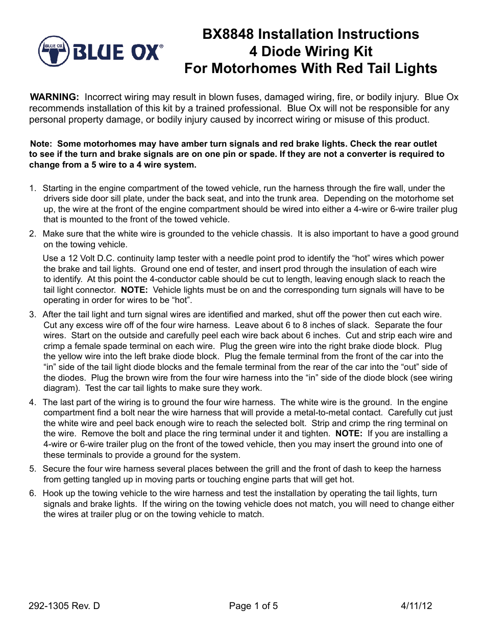 Blue Ox BX8848 User Manual | 5 pages