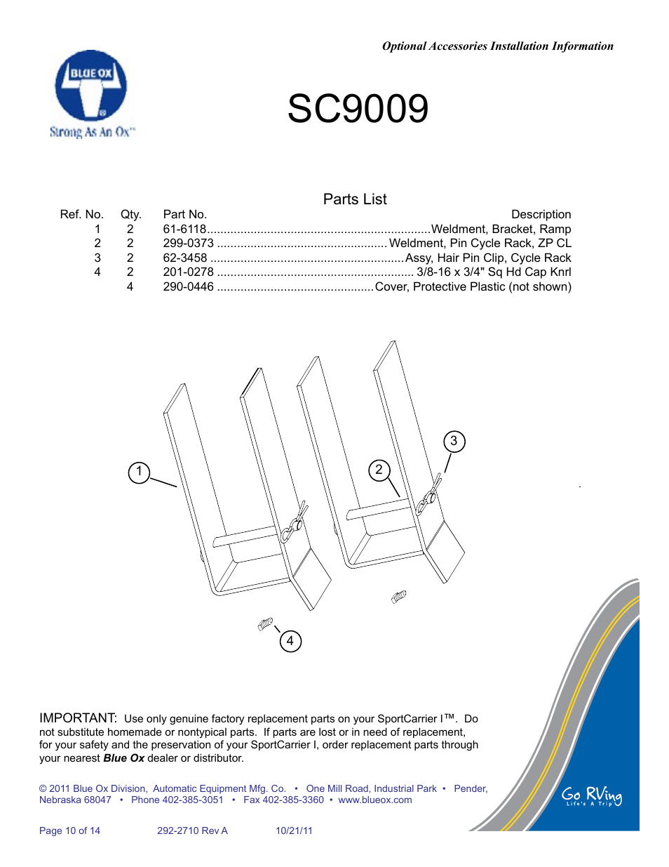 Sc9009, Parts list | Blue Ox SC2100 User Manual | Page 11 / 16