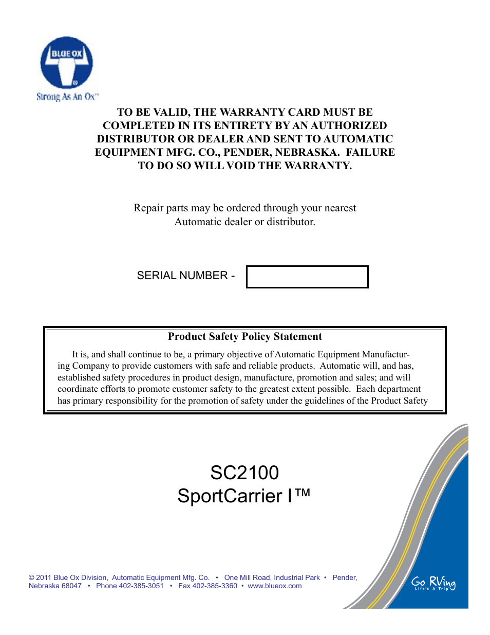 Sc2100 sportcarrier i | Blue Ox SC2100 User Manual | Page 16 / 16