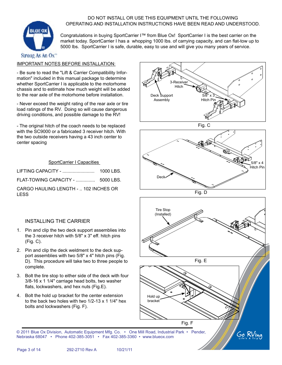Installing the carrier, Bc d, Fig f | Fig. c, Figf, Do not scale, Remove all burrs, Deck 5/8" x 4 hitch pin, Tire stop (installed), Re v is io n | Blue Ox SC2100 User Manual | Page 4 / 16