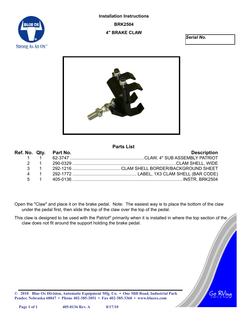 Blue Ox BRK2504 User Manual | 1 page