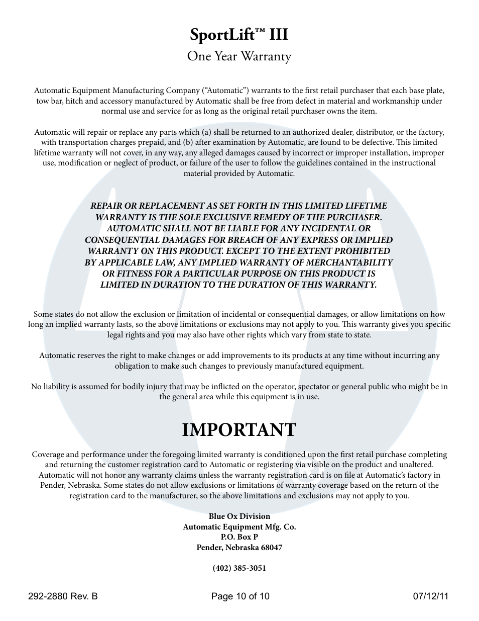 Important, Sportlift™ iii, One year warranty | Blue Ox SC4200 User Manual | Page 10 / 11
