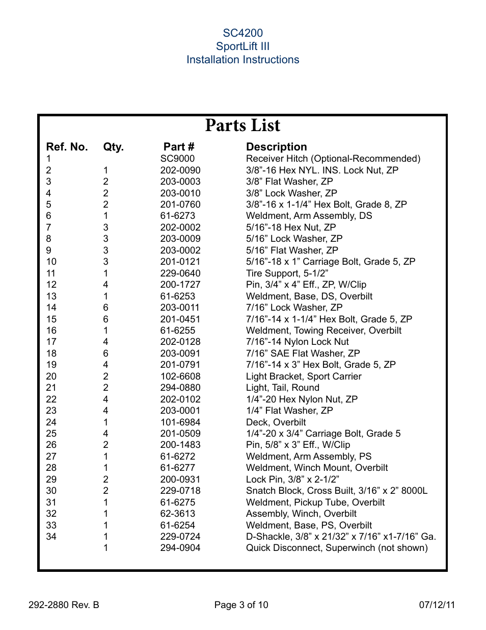 Parts list | Blue Ox SC4200 User Manual | Page 3 / 11