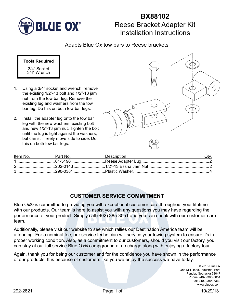 Blue Ox BX88102 User Manual | 1 page