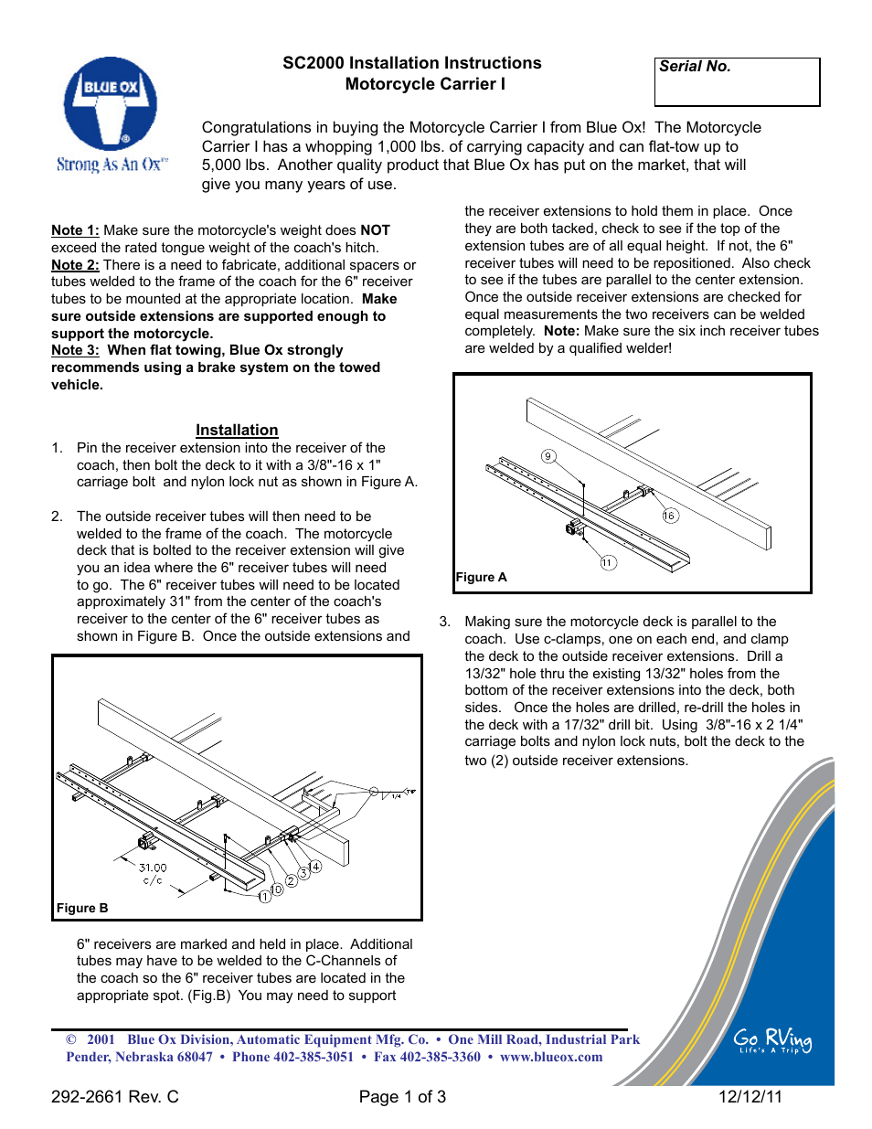 Blue Ox SC2000 User Manual | 3 pages