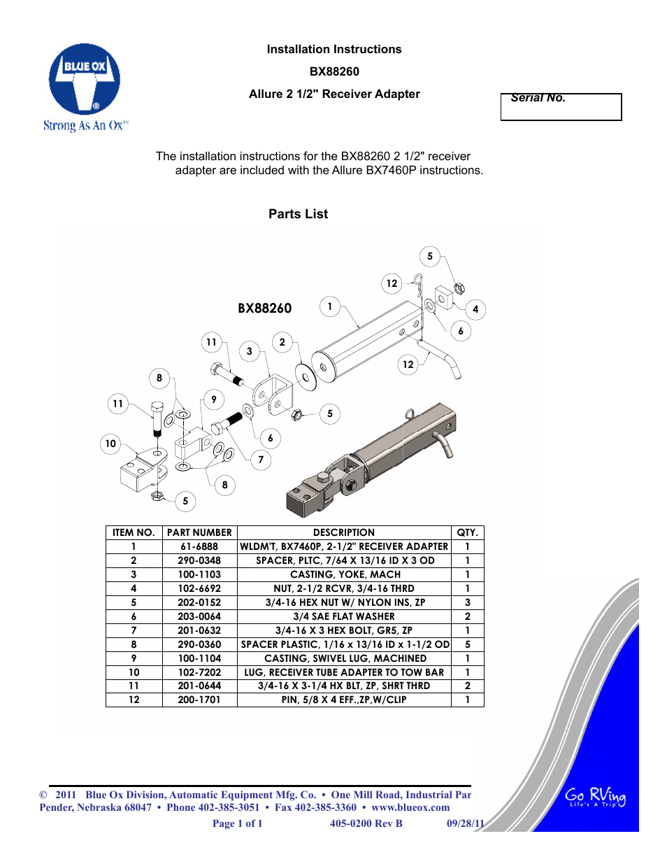 Blue Ox BX88260 User Manual | 1 page