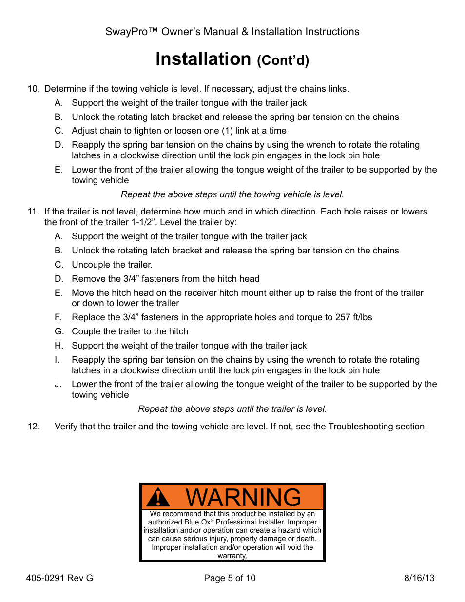 Warning, Installation, Cont’d) | Blue Ox BXW2004 User Manual | Page 5 / 10