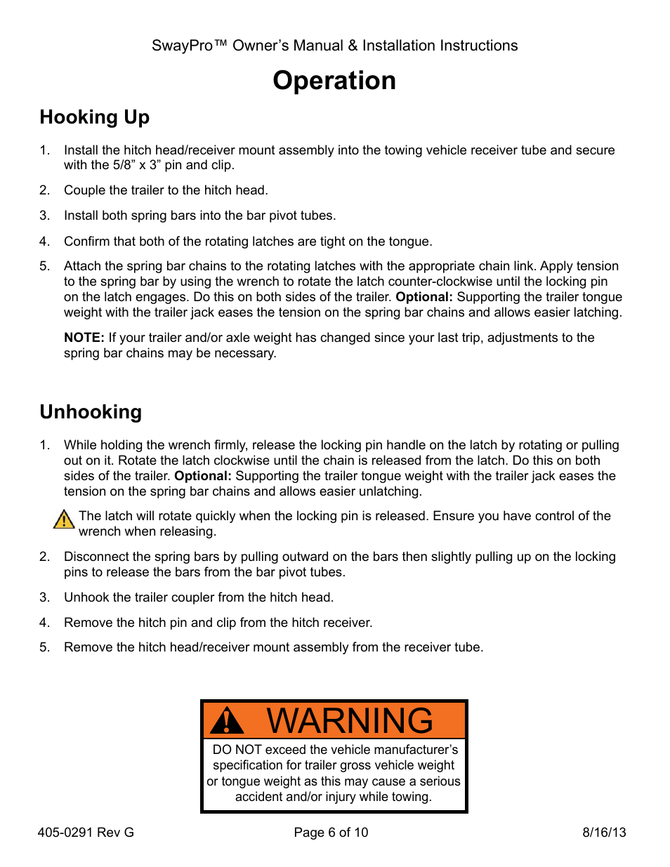 Warning, Operation, Unhooking | Hooking up | Blue Ox BXW2004 User Manual | Page 6 / 10