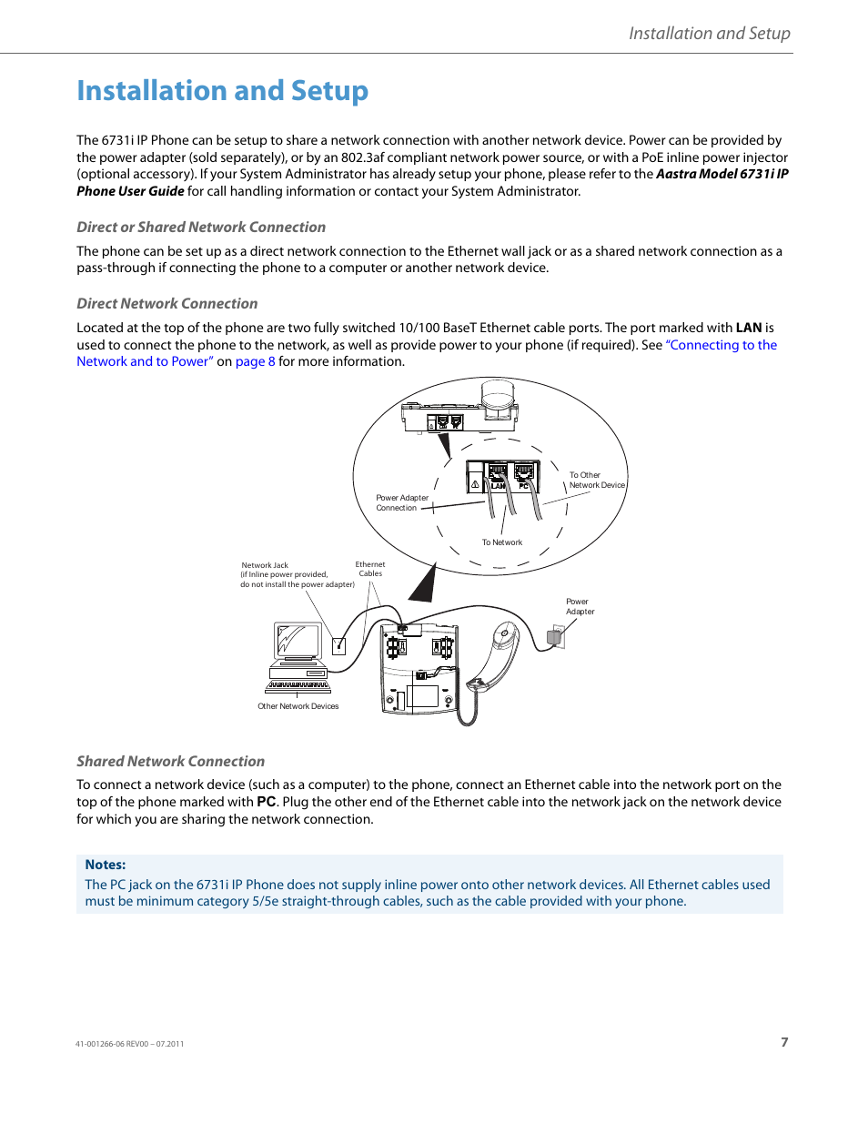 Installation and setup, Direct or shared network connection, Direct network connection | Shared network connection | AASTRA 6731i Installation Guide EN User Manual | Page 10 / 25