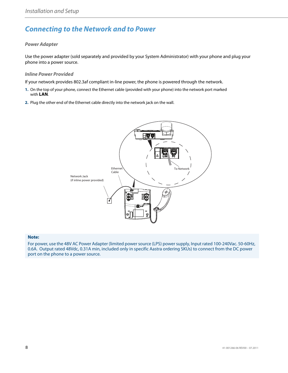 Connecting to the network and to power, Power adapter, Inline power provided | Installation and setup | AASTRA 6731i Installation Guide EN User Manual | Page 11 / 25