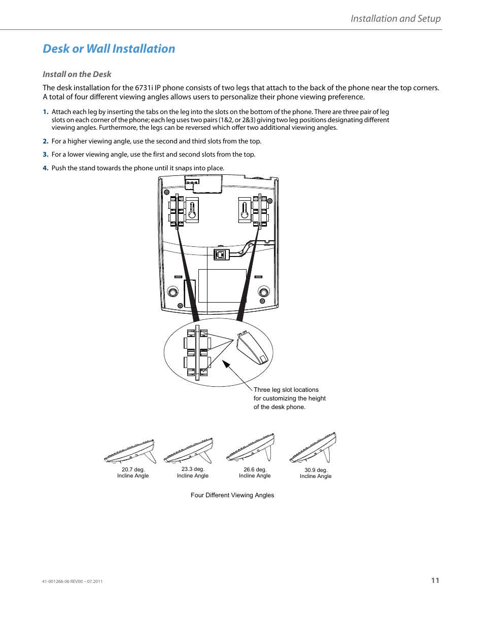 Desk or wall installation, Install on the desk, Installation and setup | AASTRA 6731i Installation Guide EN User Manual | Page 14 / 25