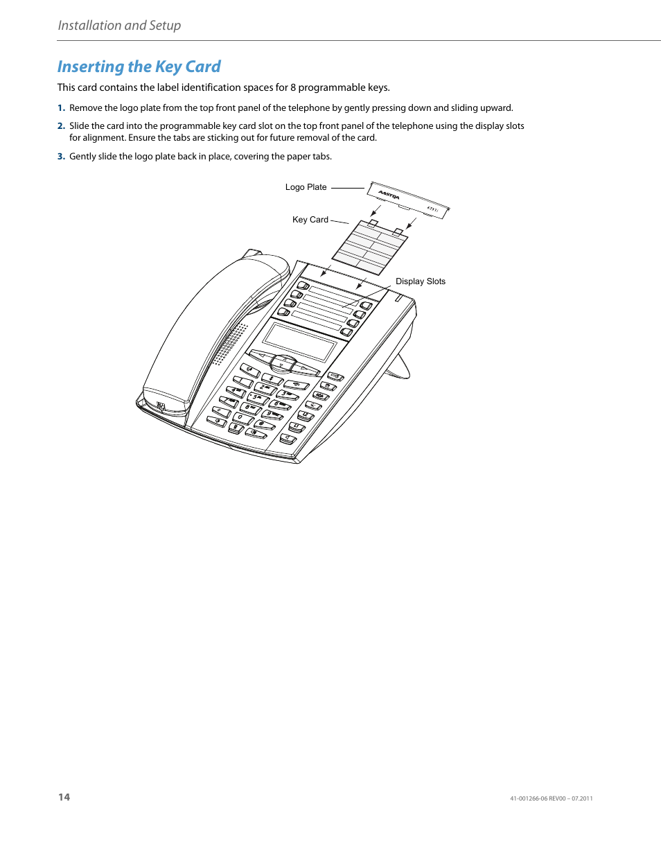 Inserting the key card, Installation and setup | AASTRA 6731i Installation Guide EN User Manual | Page 17 / 25