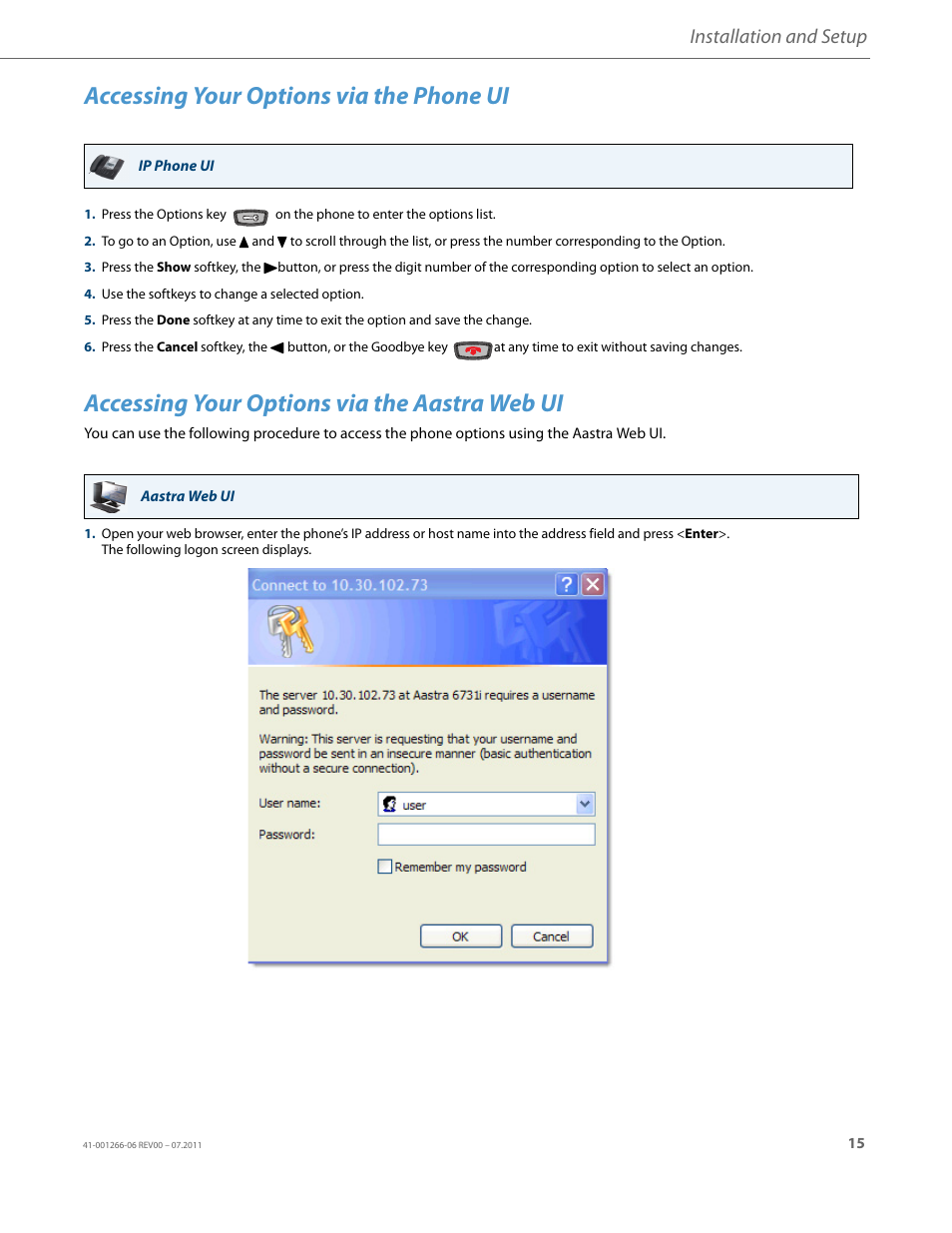 Accessing your options via the phone ui, Accessing your options via the aastra web ui, Installation and setup | AASTRA 6731i Installation Guide EN User Manual | Page 18 / 25