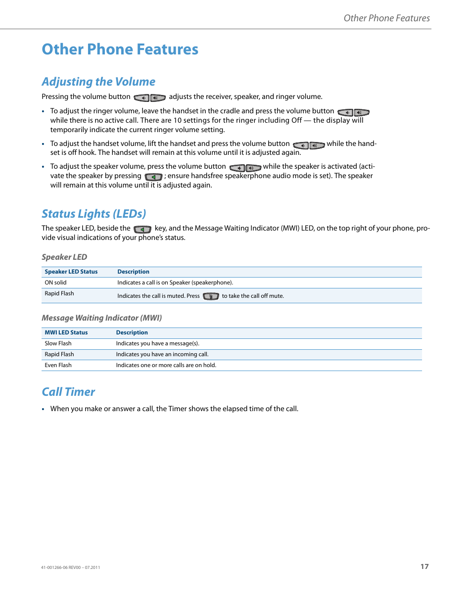 Other phone features, Adjusting the volume, Status lights (leds) | Speaker led, Message waiting indicator (mwi), Call timer | AASTRA 6731i Installation Guide EN User Manual | Page 20 / 25