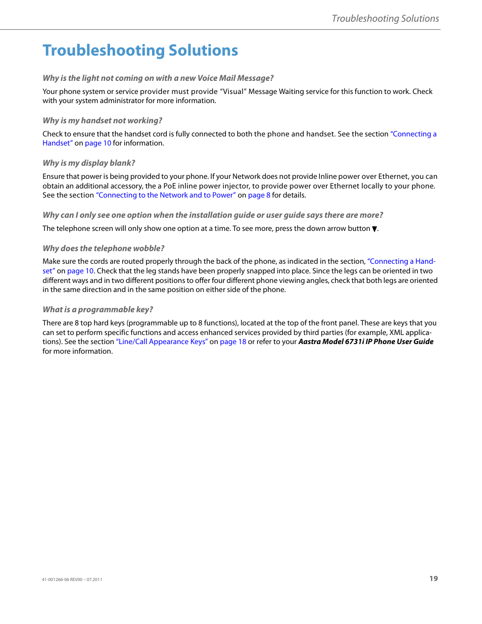 Troubleshooting solutions, Why is my handset not working, Why is my display blank | Why does the telephone wobble, What is a programmable key | AASTRA 6731i Installation Guide EN User Manual | Page 22 / 25