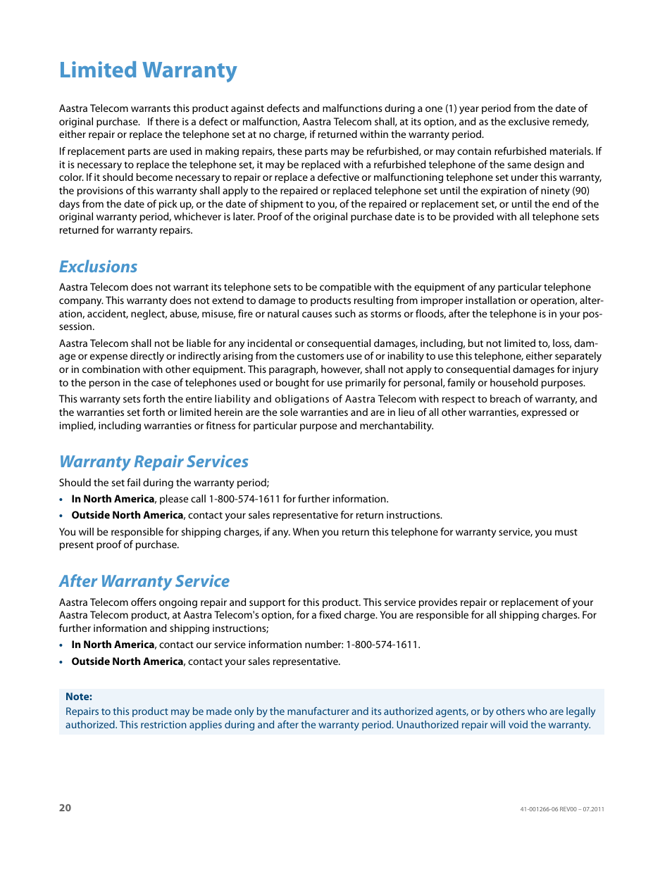 Limited warranty, Exclusions, Warranty repair services | After warranty service | AASTRA 6731i Installation Guide EN User Manual | Page 23 / 25