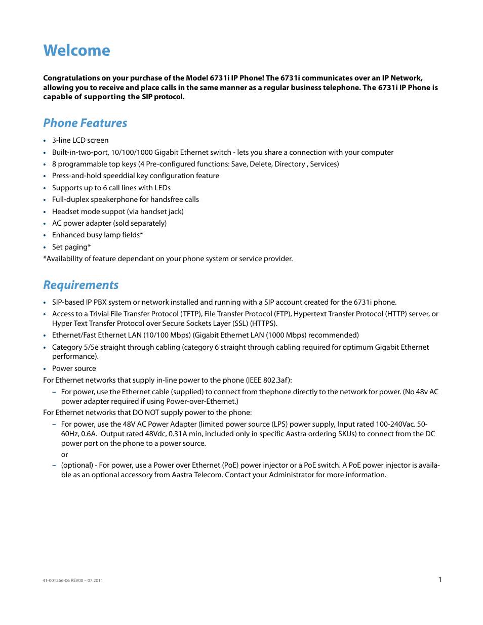 Welcome, Phone features, Requirements | AASTRA 6731i Installation Guide EN User Manual | Page 4 / 25