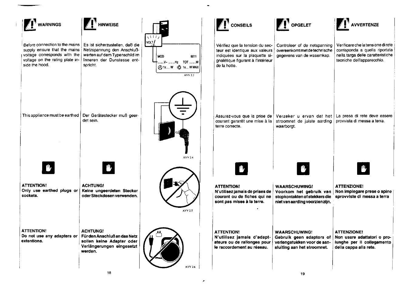 Hinweise, Attention, Waarschuwing | I avvertenze, Attenzione | Zanussi NH 100 EAX User Manual | Page 10 / 29