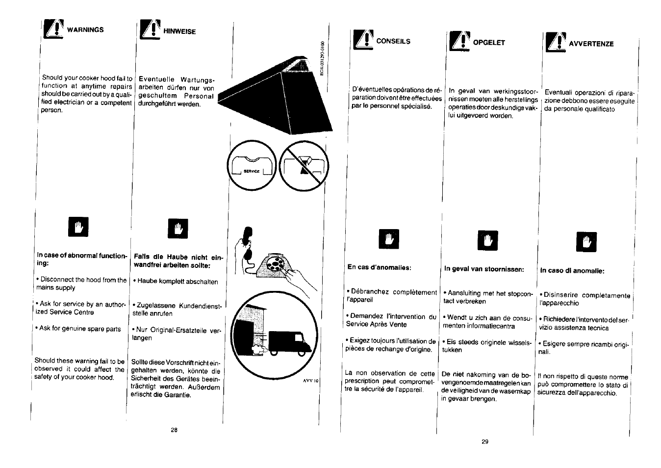 In case of abnormal functioning, I avvertenze, En cas d’anomalies | In geval van stoornissen, In caso di anomalie | Zanussi NH 100 EAX User Manual | Page 15 / 29