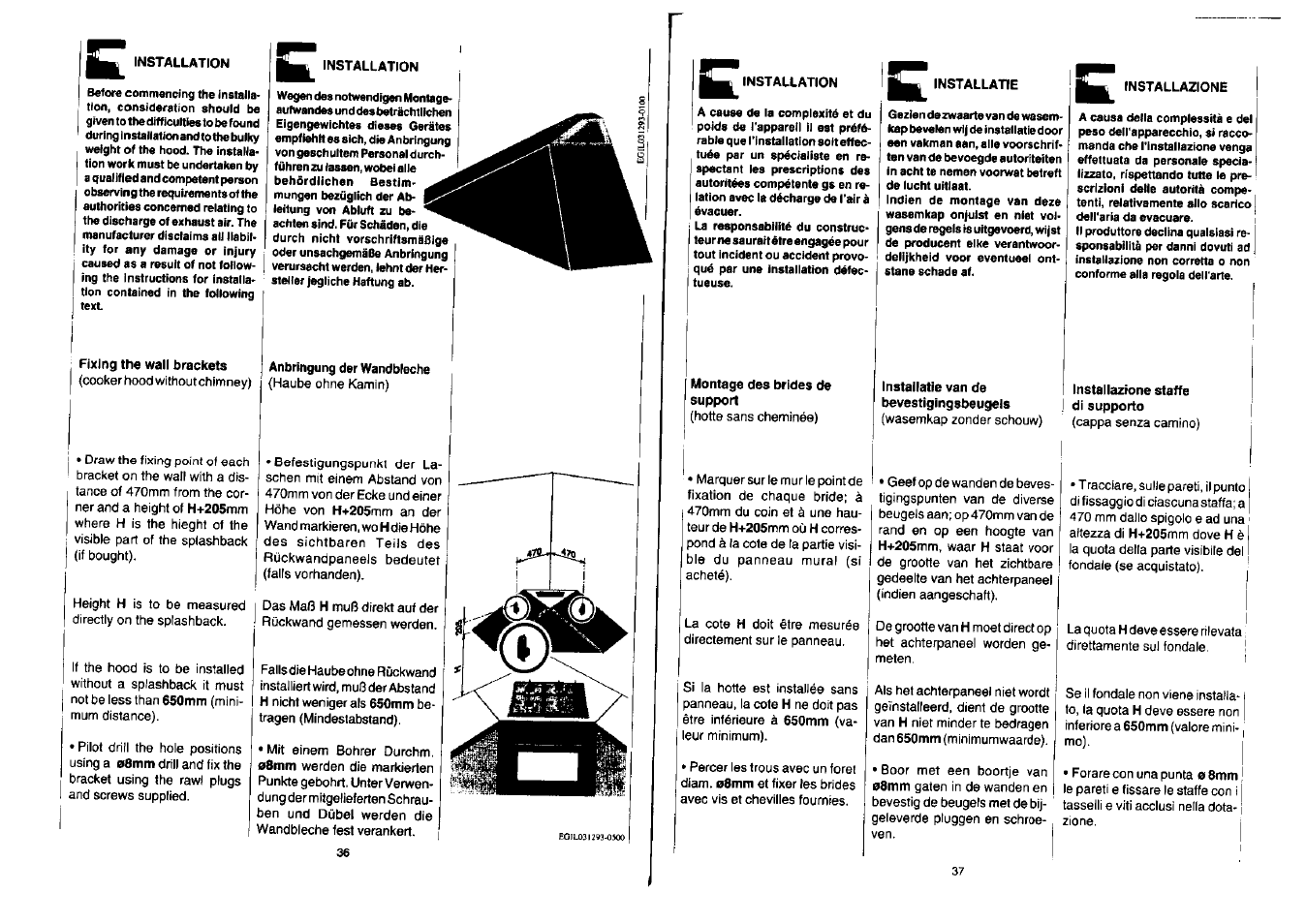 Fixing the wall brackets, Installatie van de bevestigingsbeugels, Installazione staffe di supporto | Zanussi NH 100 EAX User Manual | Page 19 / 29