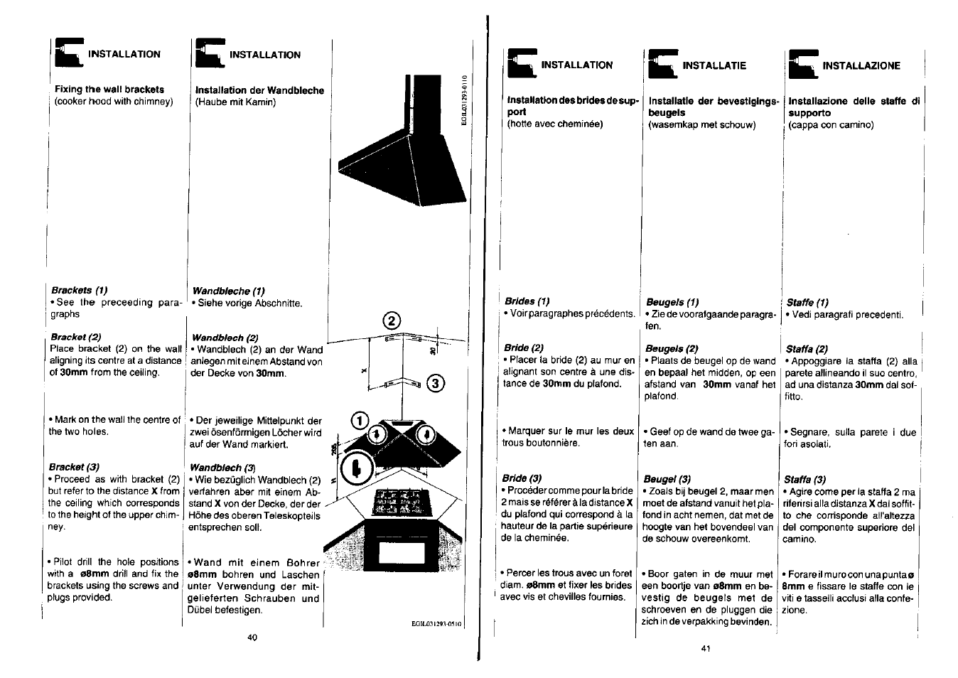 Fixing the wall brackets, Installatle der bevestigings- beugels, Installazione delle staffe di supporto | Zanussi NH 100 EAX User Manual | Page 21 / 29