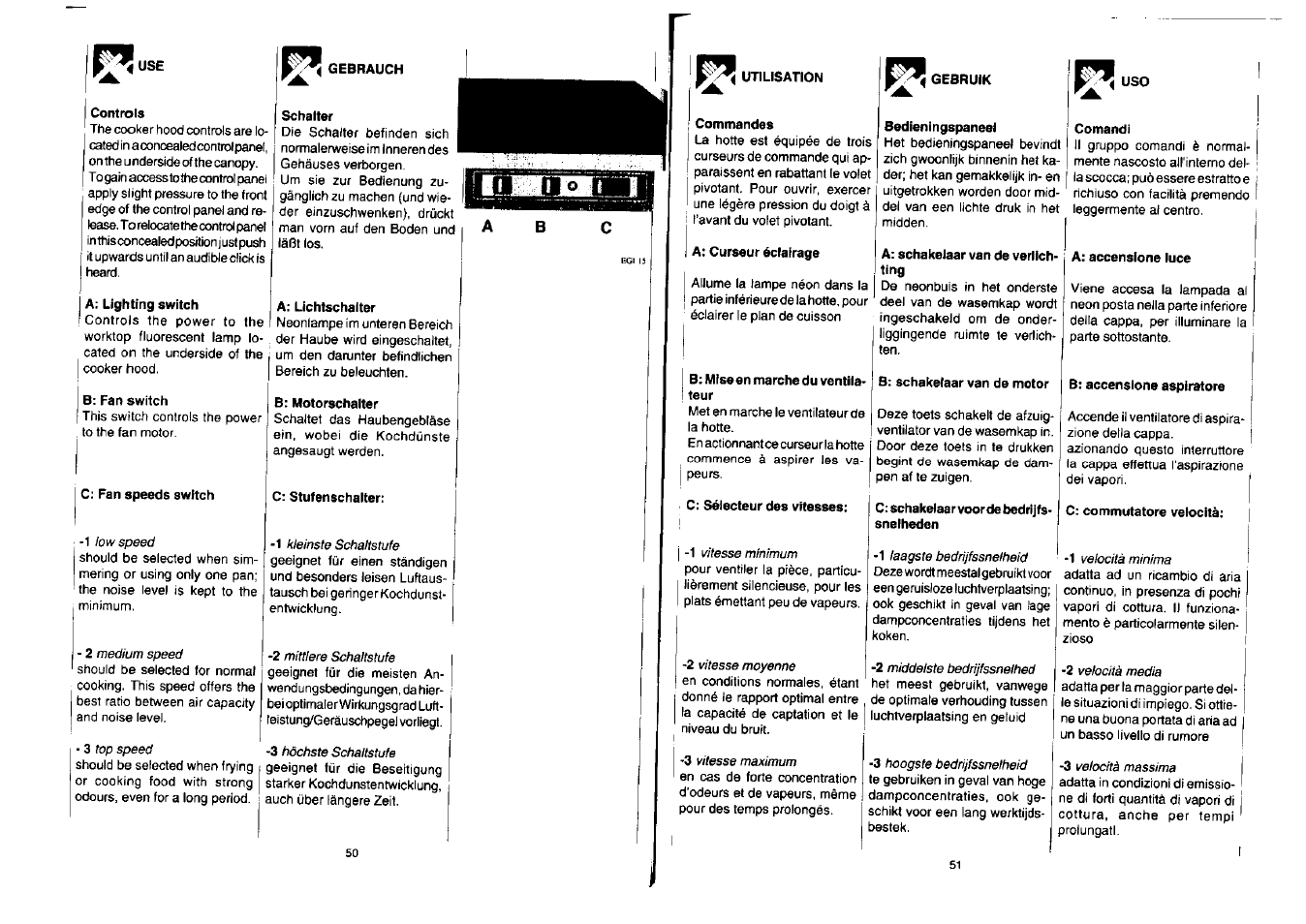 Controls, A; lighting switch, B: fan switch | C: fan speeds switch, Gebrauch, Schalter, A; lichtschalter, B; motorschalter, C: stufenschalter, Utilisation | Zanussi NH 100 EAX User Manual | Page 26 / 29