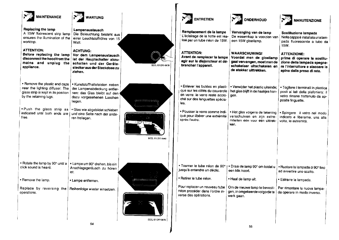 Replacing the lamp, Attention, Lampenaustausch | Achtung, Remplacement de la lampe vervanging van de lamp, Î attention, Sostituzione lampada, Attenzione | Zanussi NH 100 EAX User Manual | Page 28 / 29