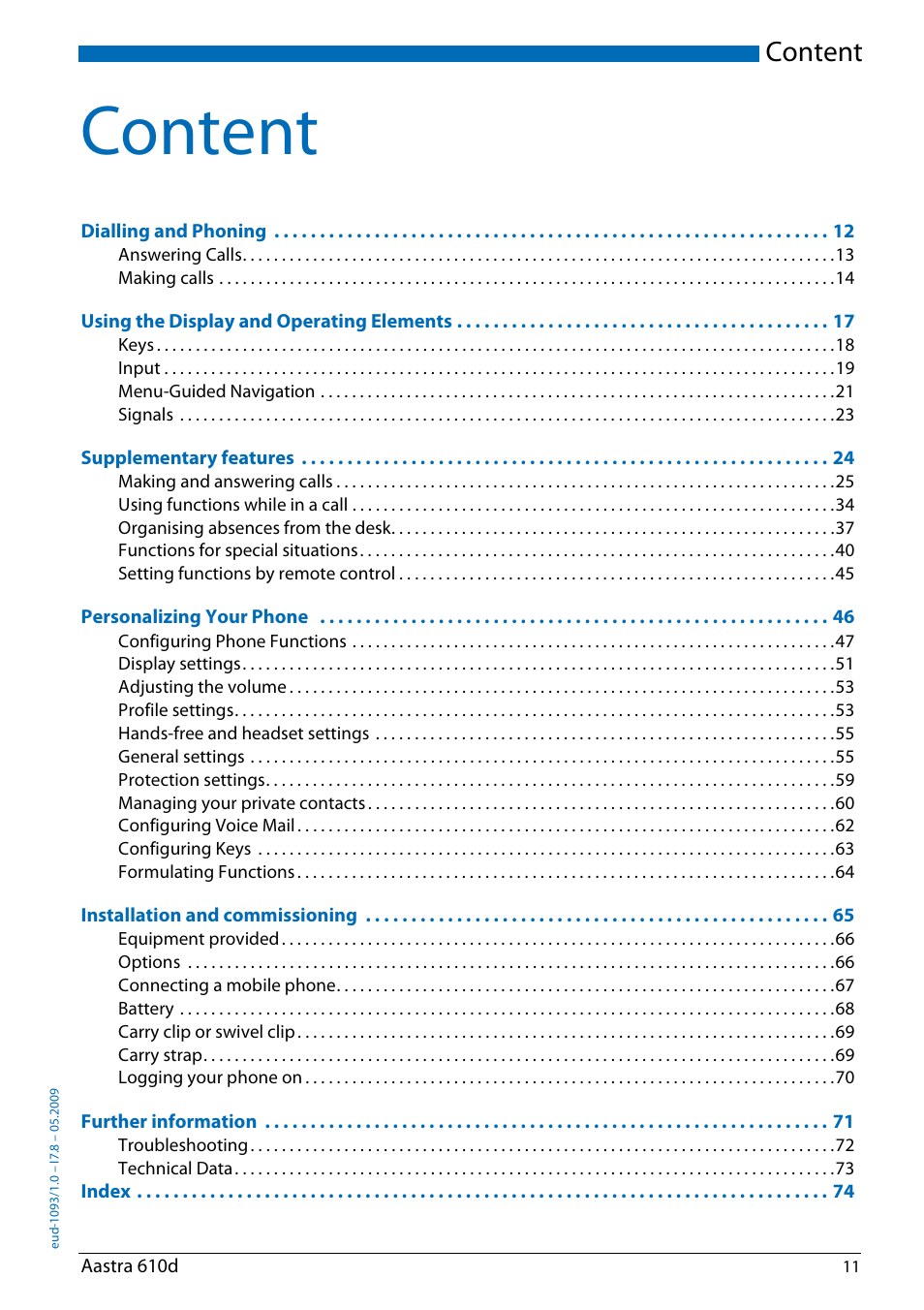 Content | AASTRA 610d for Aastra IntelliGate User Guide EN User Manual | Page 11 / 76