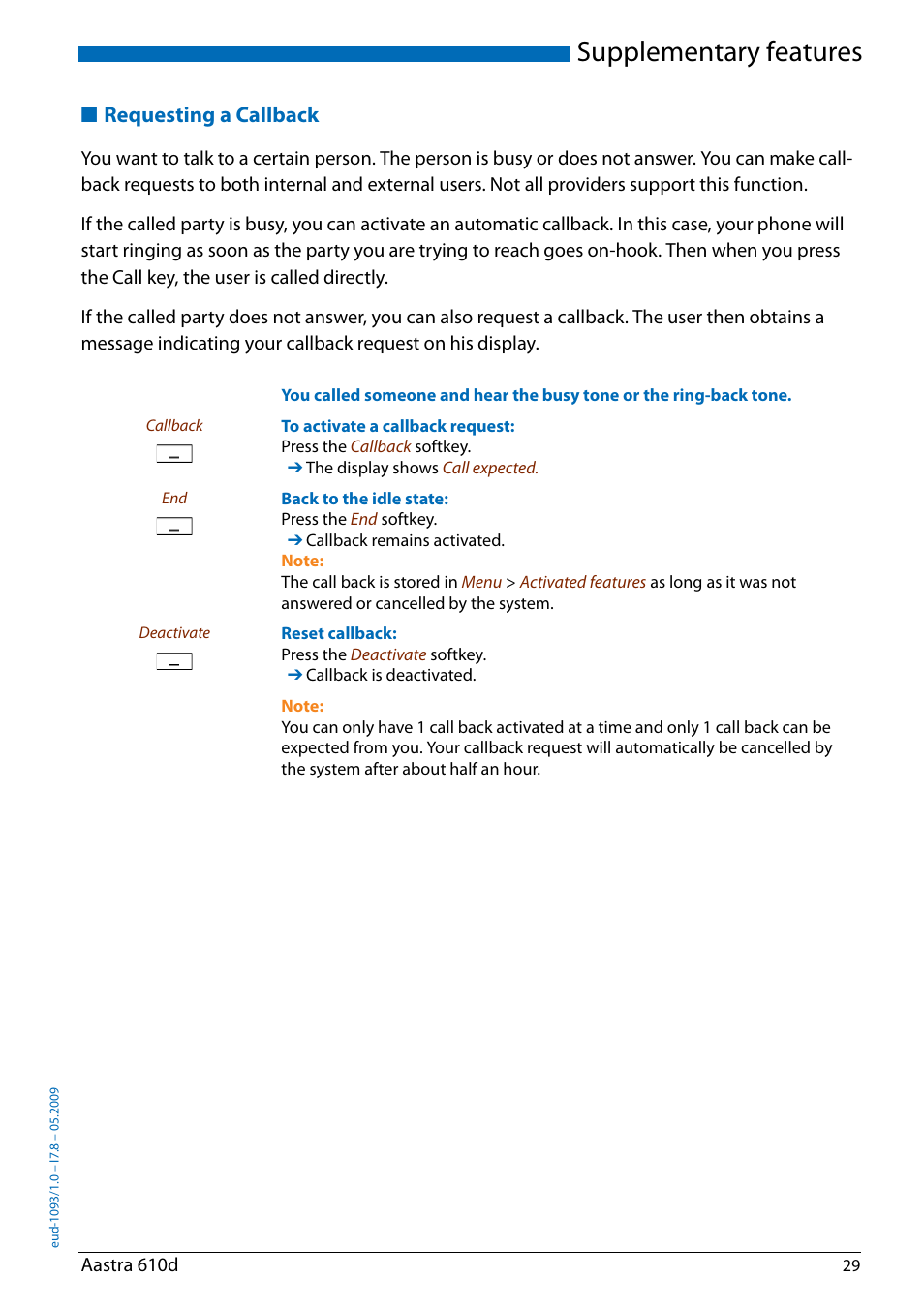 Requesting a callback, Supplementary features | AASTRA 610d for Aastra IntelliGate User Guide EN User Manual | Page 29 / 76