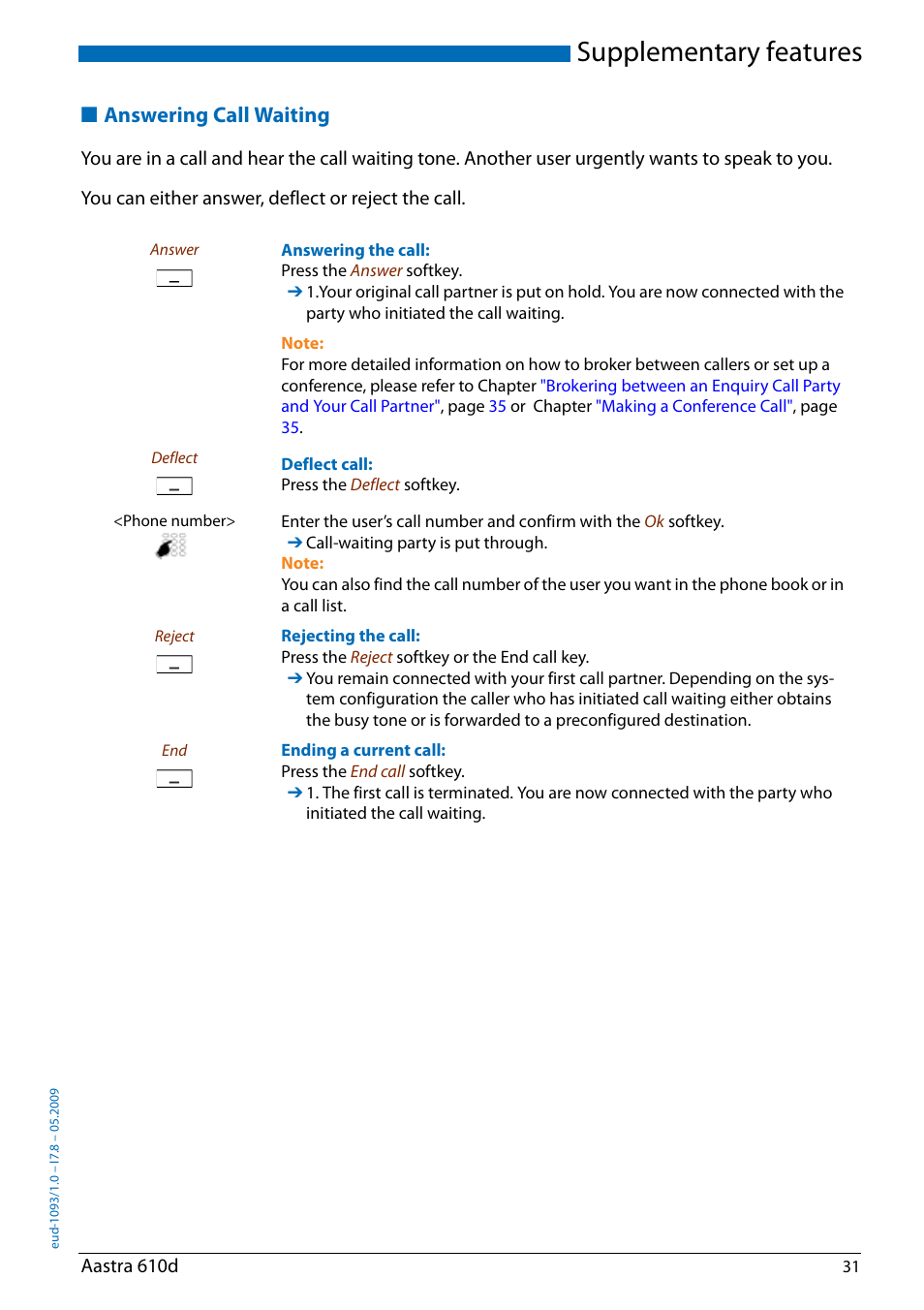 Answering call waiting, Supplementary features | AASTRA 610d for Aastra IntelliGate User Guide EN User Manual | Page 31 / 76