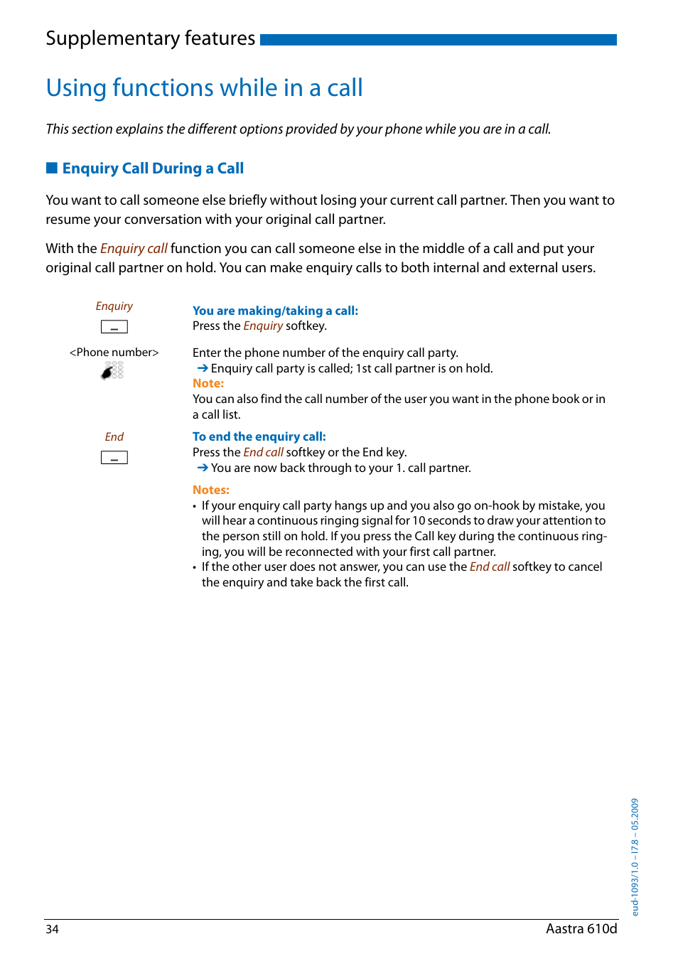 Using functions while in a call, Enquiry call during a call, Supplementary features | AASTRA 610d for Aastra IntelliGate User Guide EN User Manual | Page 34 / 76