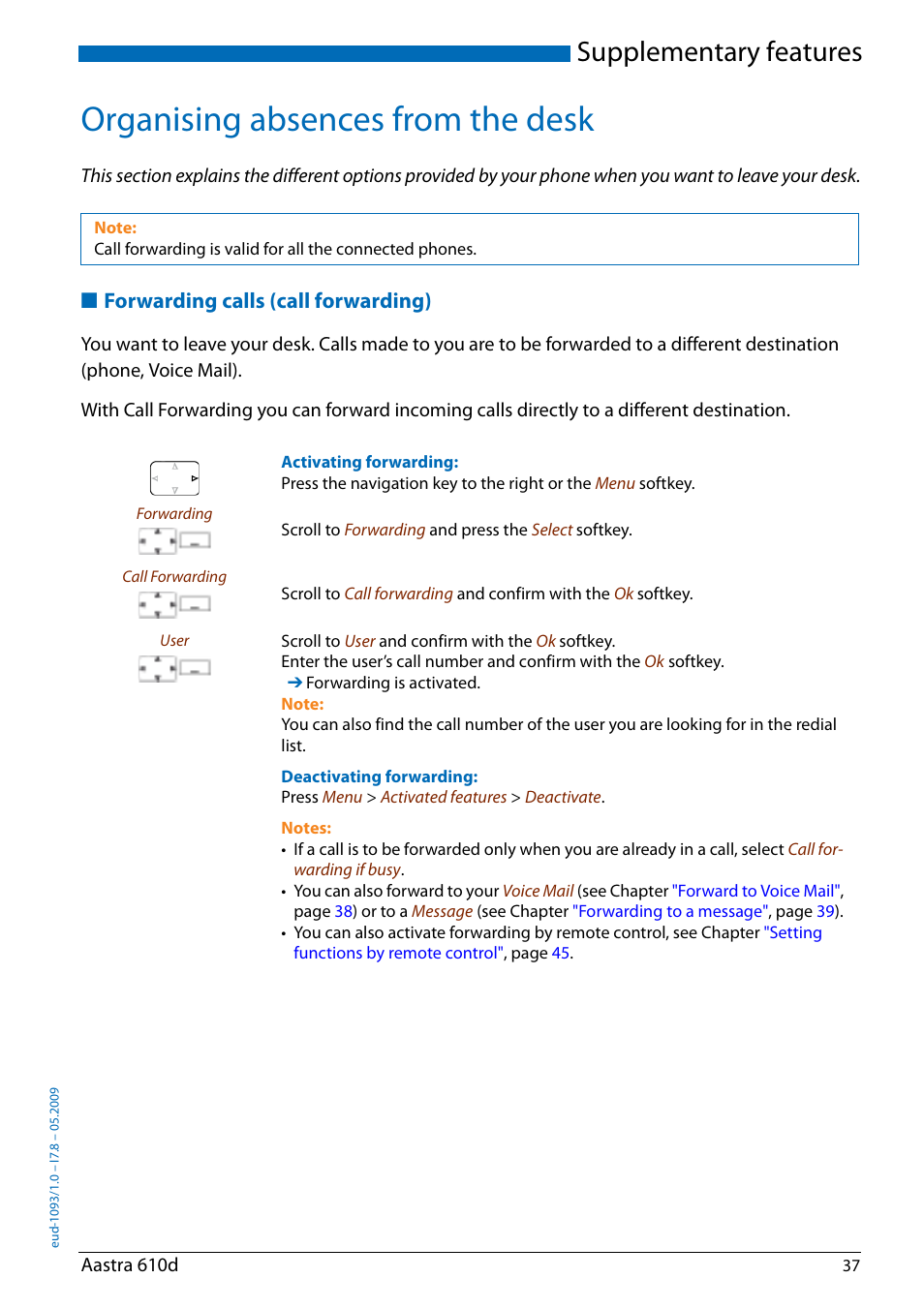 Organising absences from the desk, Forwarding calls (call forwarding), Supplementary features | AASTRA 610d for Aastra IntelliGate User Guide EN User Manual | Page 37 / 76