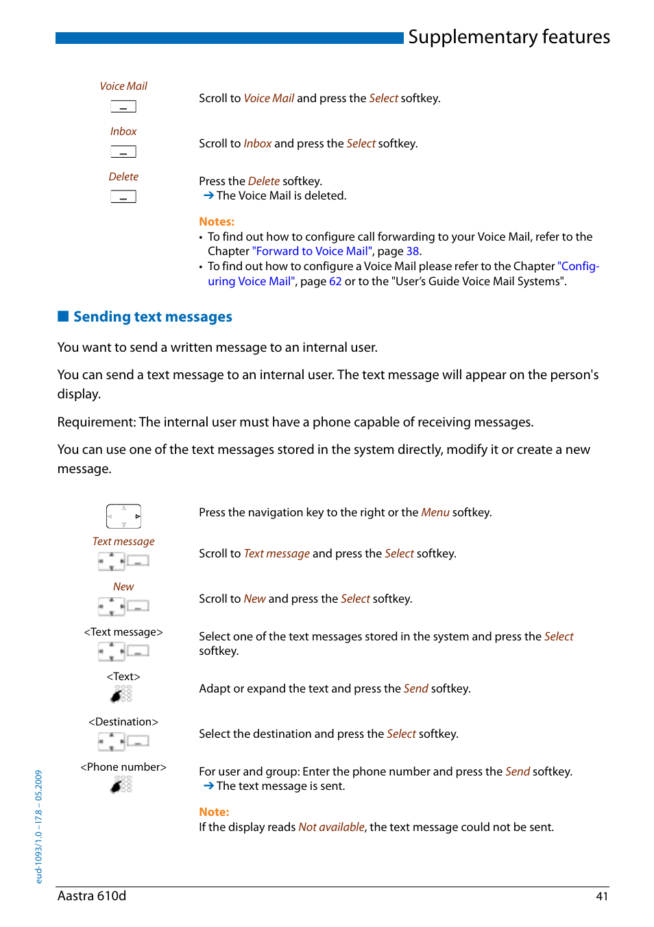 Sending text messages, Supplementary features | AASTRA 610d for Aastra IntelliGate User Guide EN User Manual | Page 41 / 76