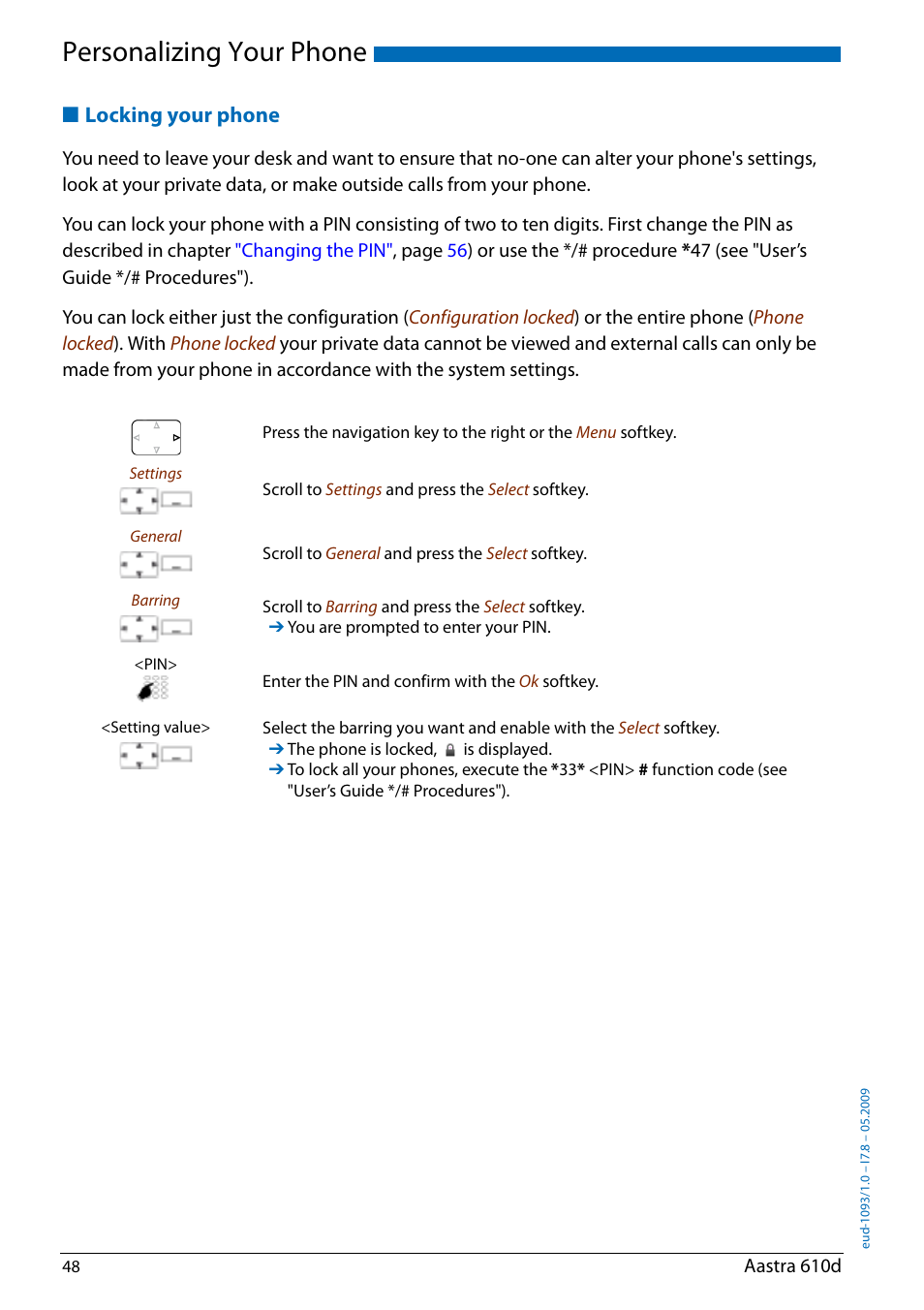 Locking your phone, Personalizing your phone | AASTRA 610d for Aastra IntelliGate User Guide EN User Manual | Page 48 / 76