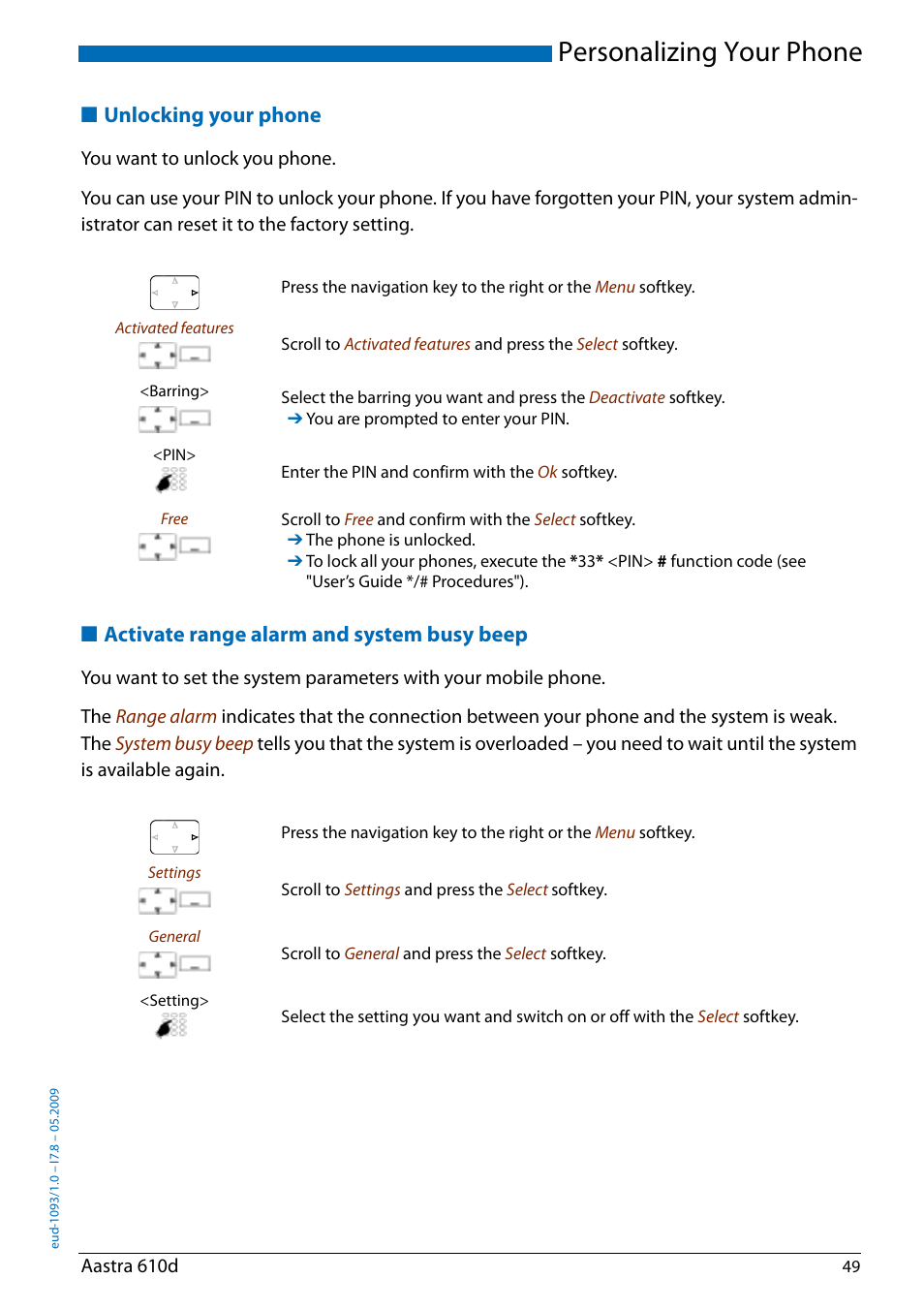 Unlocking your phone, Activate range alarm and system busy beep, Personalizing your phone | AASTRA 610d for Aastra IntelliGate User Guide EN User Manual | Page 49 / 76