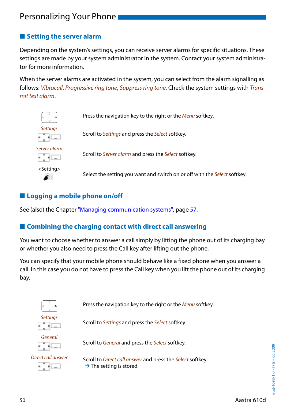 Setting the server alarm, Logging a mobile phone on/off, Personalizing your phone | AASTRA 610d for Aastra IntelliGate User Guide EN User Manual | Page 50 / 76
